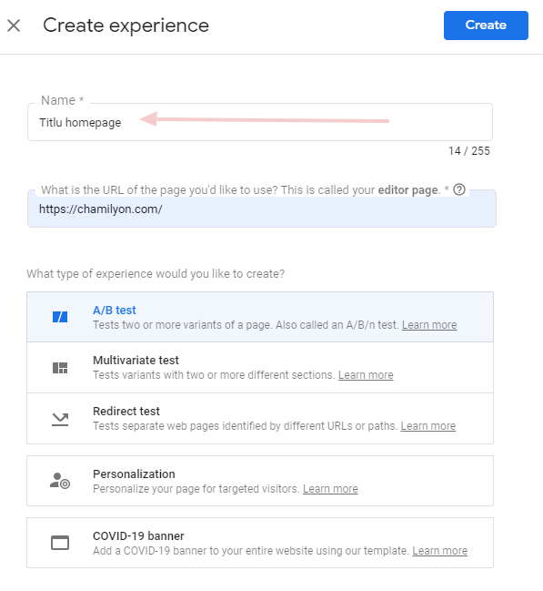 creare test a/b in google optimize